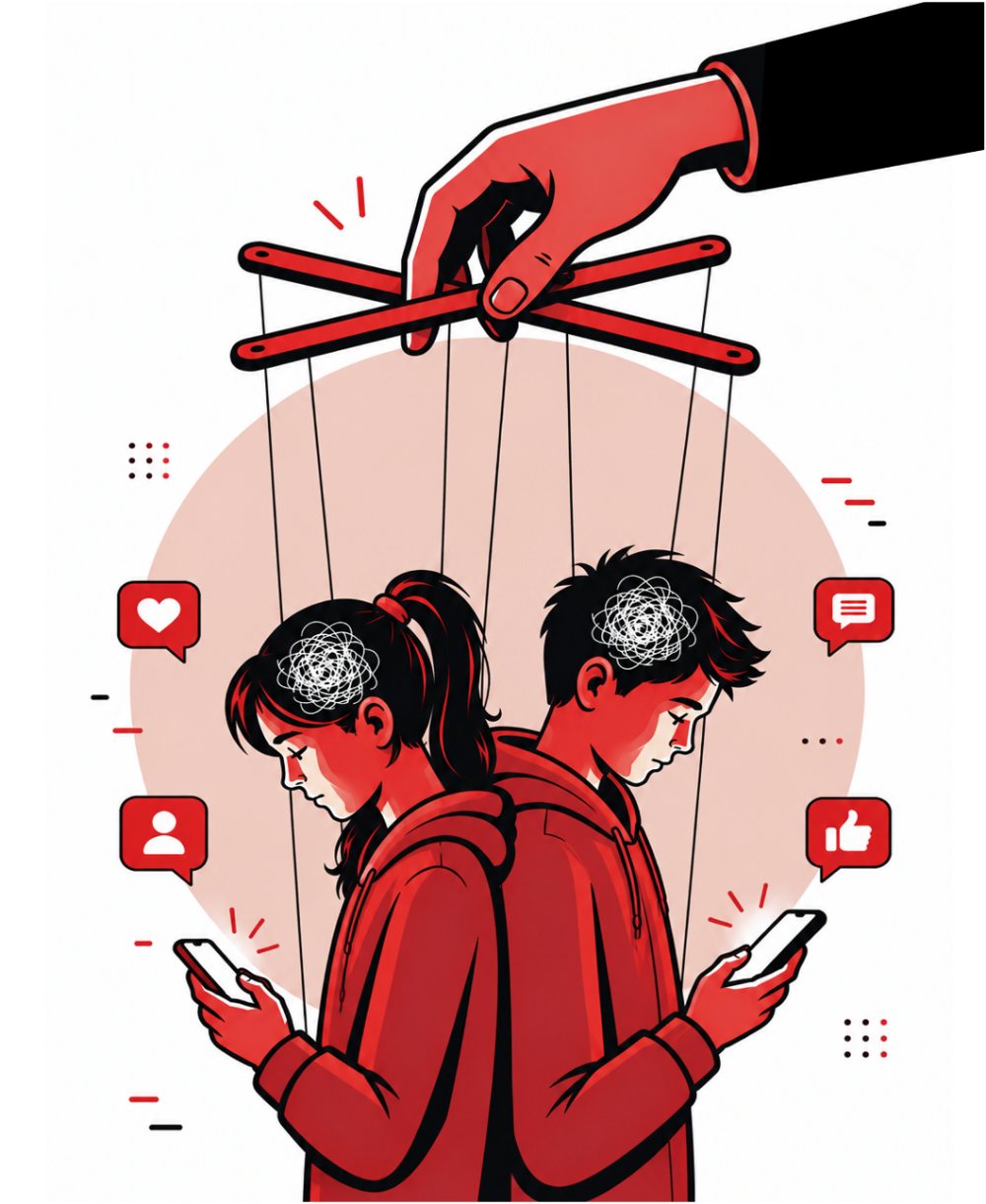 Illustration : une main de marionnettiste tire les fils de deux adolescents absorbés par leur téléphone